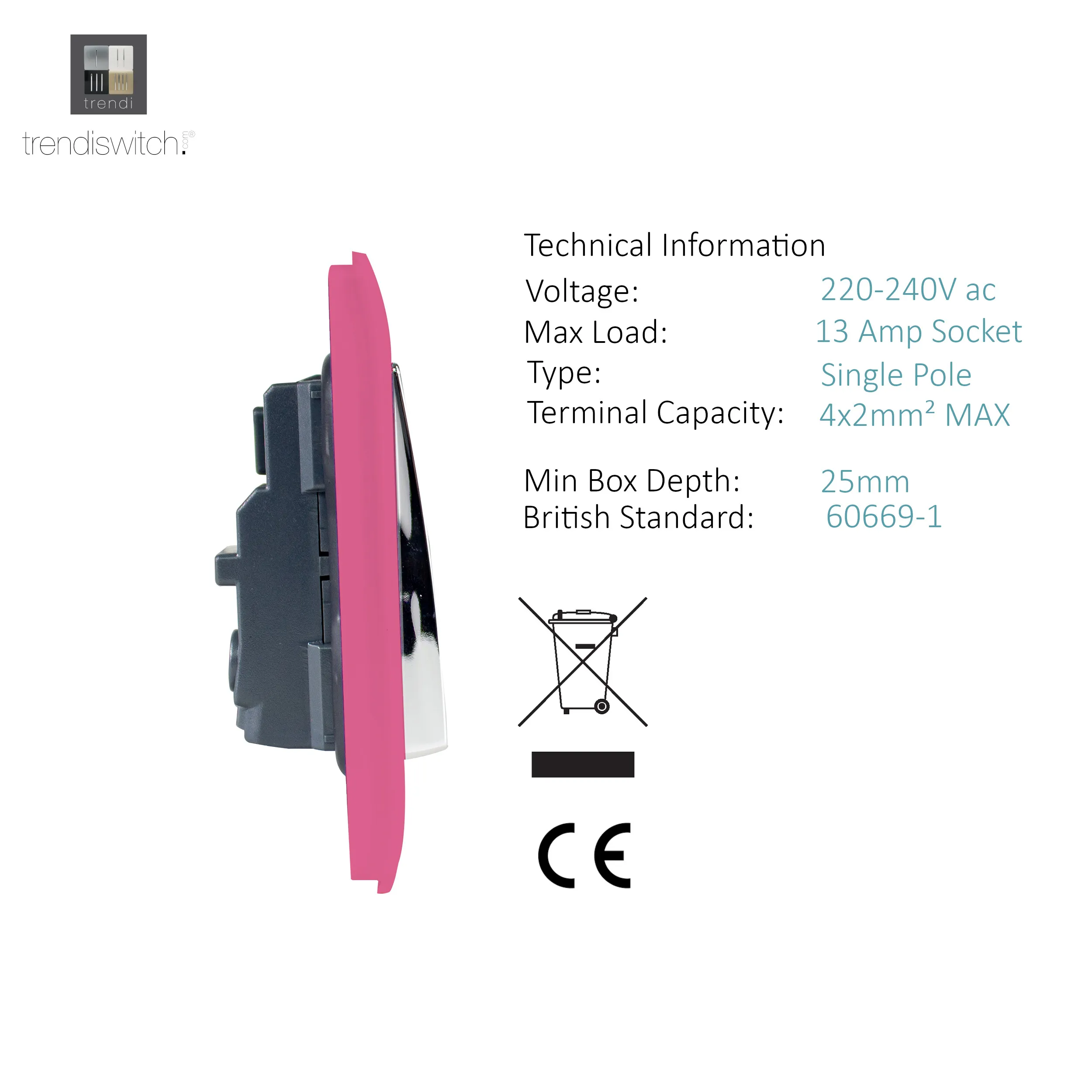 2 Gang 13Amp Long Switched Double Socket Pink ART-SKT213LPK  Trendi Pink